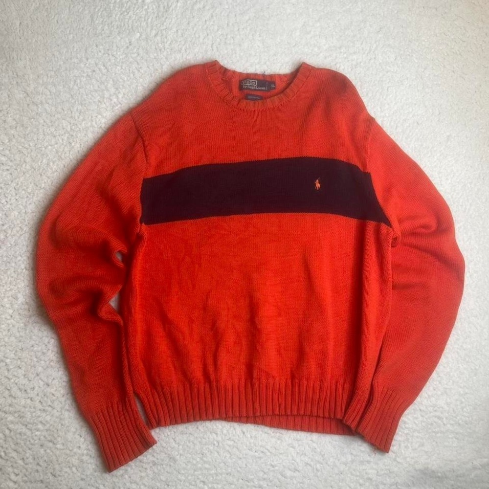 Vintage Polo Ralph Lauren men orange blue stripe sweater cotton heavy preppy xl